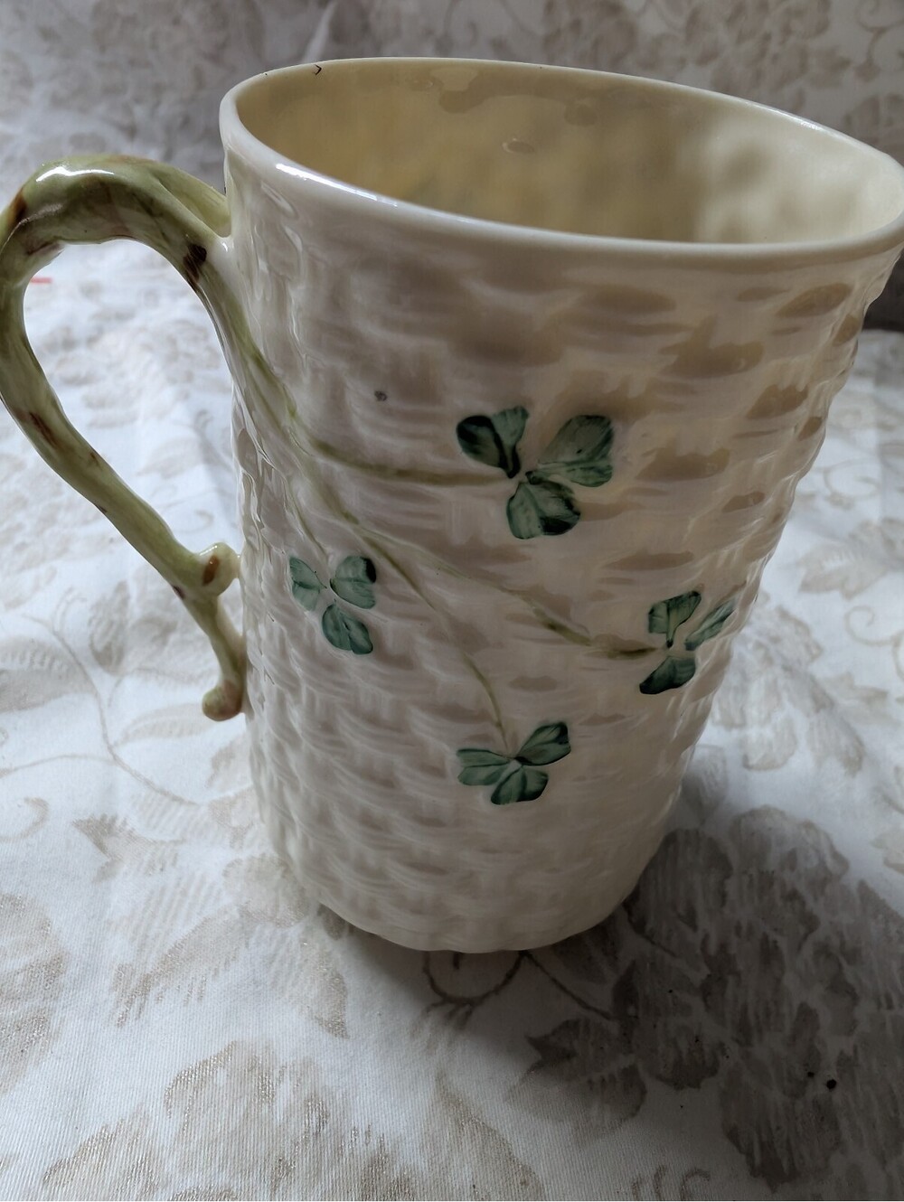 Belleek Ireland Porcelain Shamrock Mug with Basket Weave Design